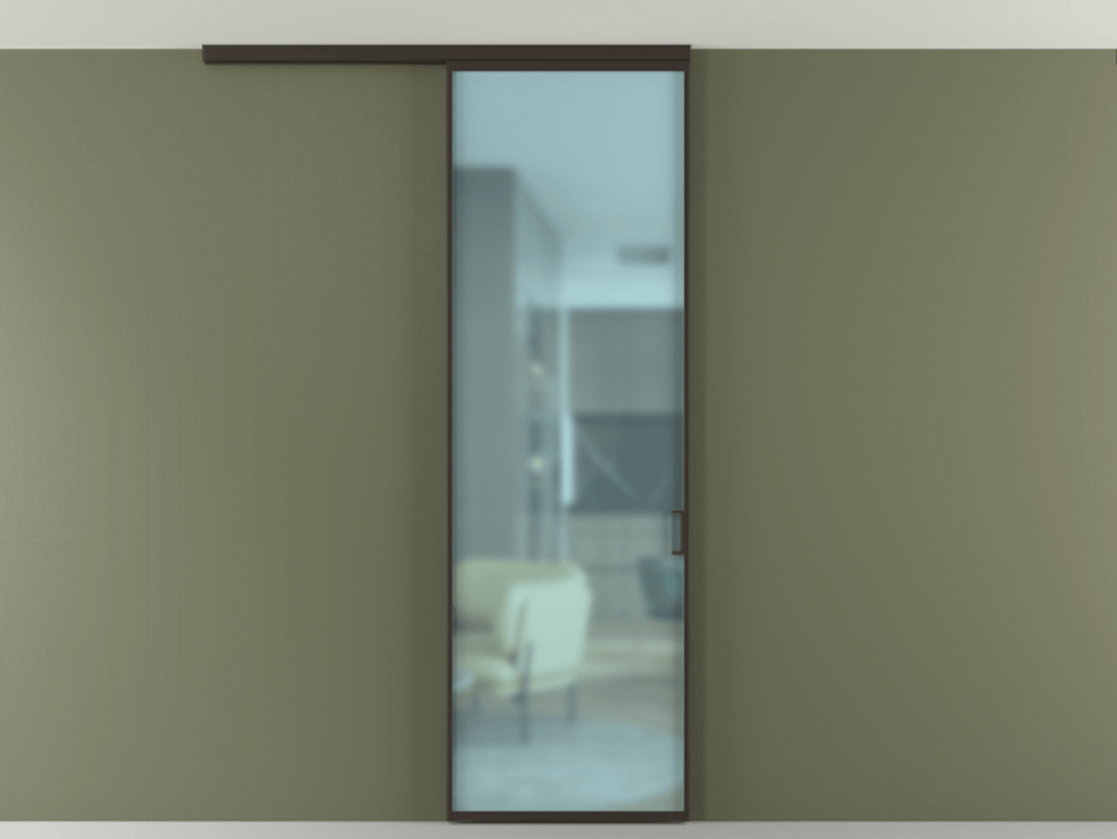 Перегородка Формато вдоль стены на потолок 1 створка АЛПР 040.01 Алюминий антрацит Сатинированное голубое стекло, триплекс Цена 4900 Br | Volhovec