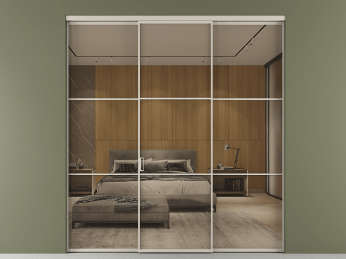 Перегородка Formato внутри проёма 3 створки АЛПР 040.03 Алюминий светло-бежевый Рефлективное бронзовое стекло "Stopsol", калёное Цена 16980 Br | Volhovec