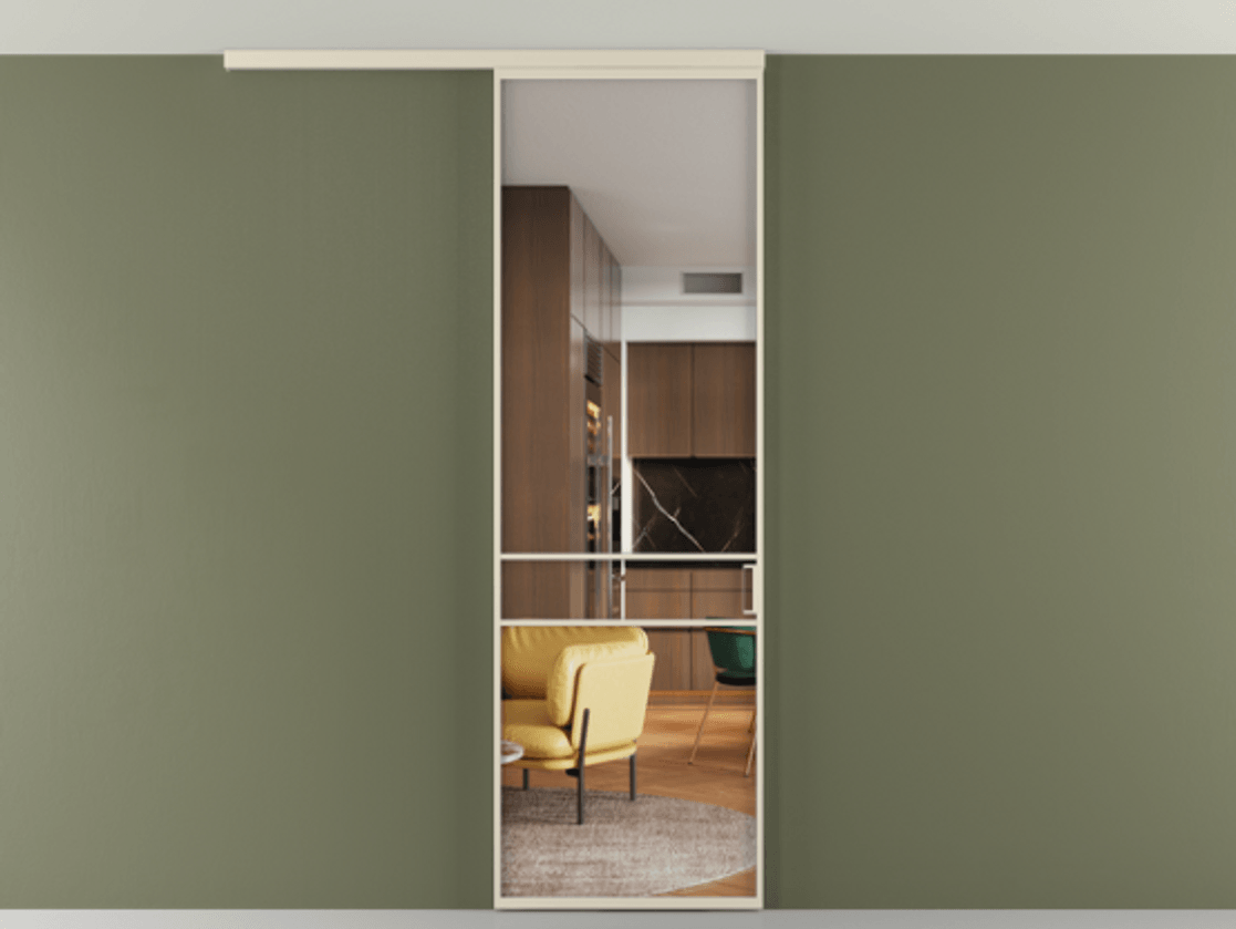 Перегородка Formato вдоль стены на потолок 1 створка АЛПР 040.02 Алюминий бежево-серый Прозрачное стекло "Crystal Vision", калёное Цена 6711 Br | Volhovec