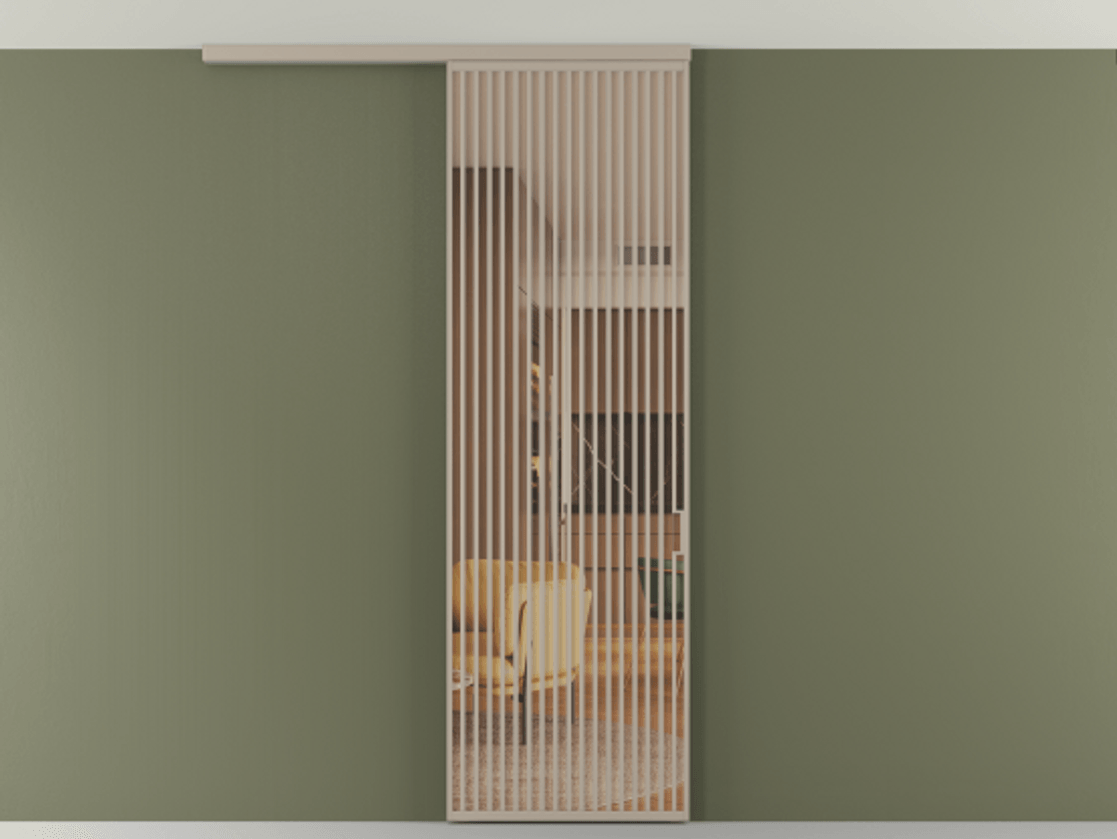 Перегородка Формато вдоль стены на потолок 1 створка АЛПР 040.06 Алюминий бисквитный Прозрачное оранжевое стекло, триплекс Цена 9500 Br | Volhovec