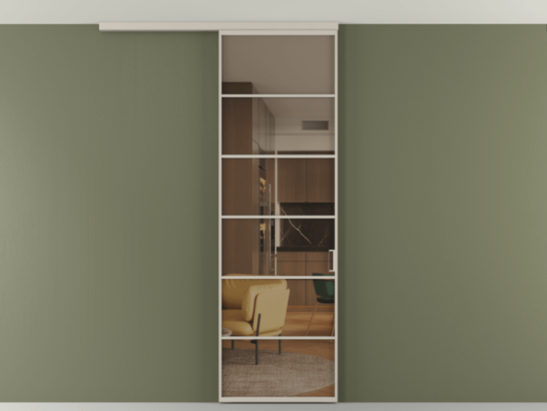 Перегородка Формато вдоль стены на потолок 1 створка АЛПР 040.04 Алюминий светло-бежевый Прозрачное бронзовое стекло, триплекс Цена 5520 Br | Volhovec