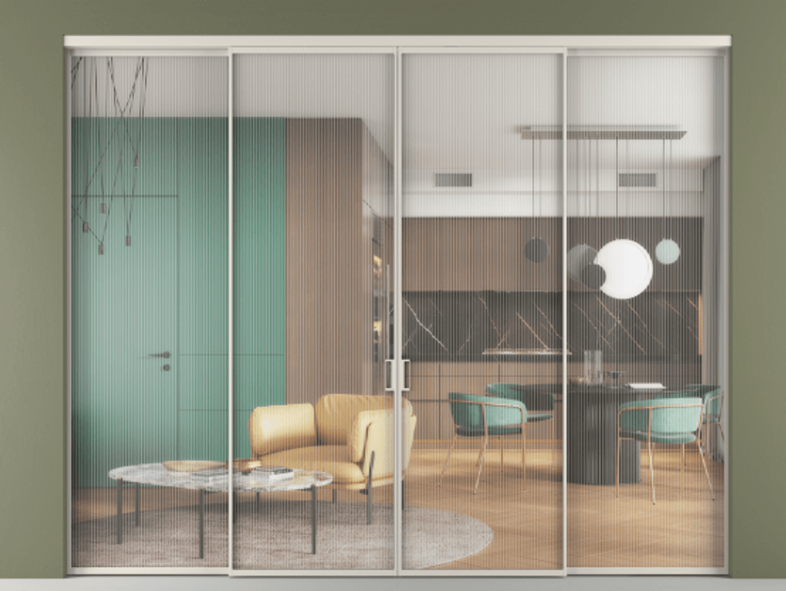 Перегородка Формато внутри проёма 4 створки АЛПР 040.01 Алюминий облачно-серый Рифлёное стекло "Мору", триплекс Цена 17640 Br  | Volhovec