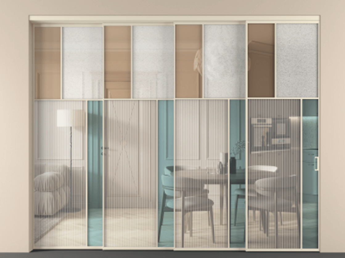 Перегородка Mosaic внутри проёма 4 створки с синхронным механизмом АЛПР 041.23 Алюминий бежево-серый Комбинация стекол Группы 1 и Группы 3 Цена 32700 Br | Volhovec