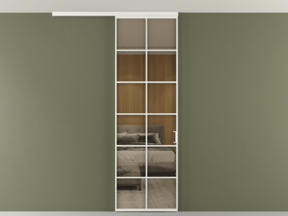 Перегородка Formato вдоль стены на потолок 1 створка АЛПР 040.05 Алюминий светло-серый Рефлективное бронзовое стекло "Stopsol", калёное Цена 7170 Br | Volhovec