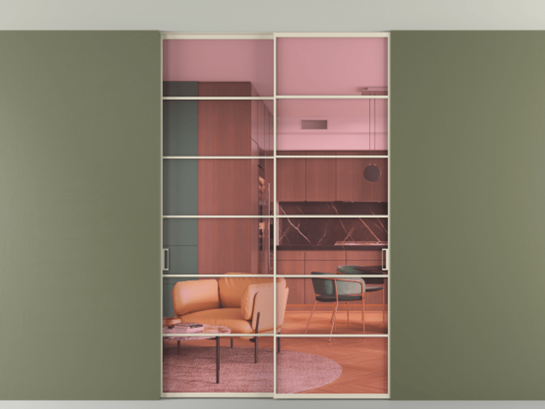 Перегородка Формато внутри проёма скрытое крепление в потолок 2 створки АЛПР 040.04 Алюминий бежево-серый Прозрачное розовое стекло, триплекс Цена 14000 Br | Volhovec