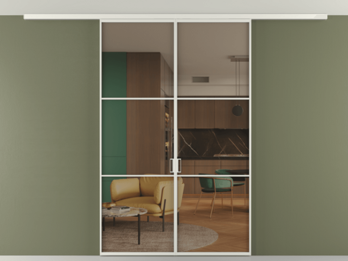 Перегородка Формато вдоль стены на потолок 2 створки АЛПР 040.03 Алюминий серый Прозрачное бронзовое стекло, триплекс Цена 9980 Br | Volhovec