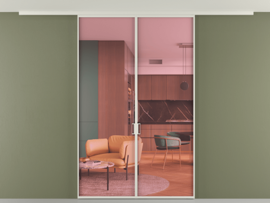 Перегородка Формато вдоль стены на потолок 2 створки АЛПР 040.01 Алюминий Белый Прозрачное розовое стекло, триплекс Цена 9100 Br | Volhovec