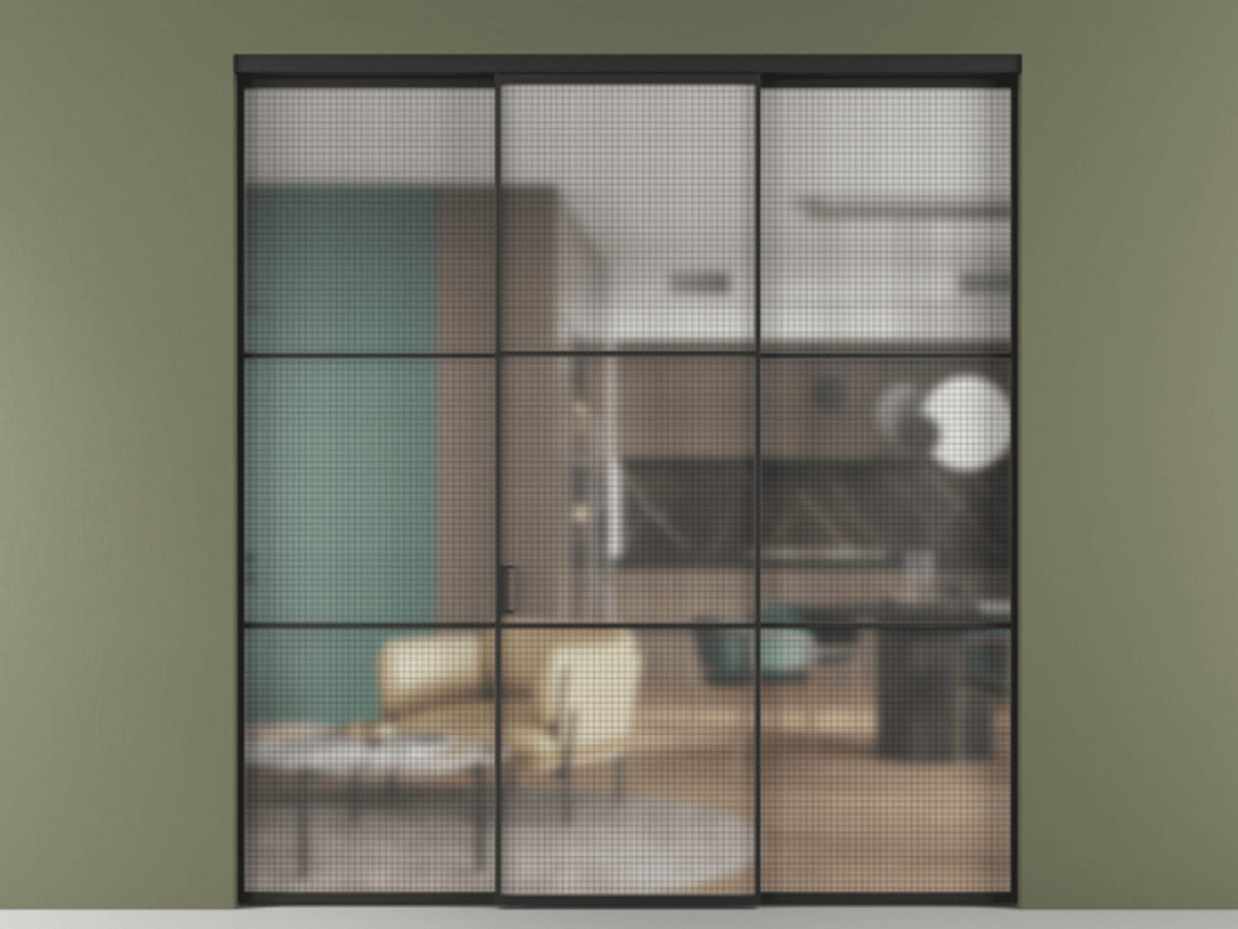 Перегородка Formato внутри проёма 3 створки АЛПР 040.03 Алюминий Черный Декоративное стекло с сеткой "Mesh silver", триплекс Цена 13790 Br | Volhovec