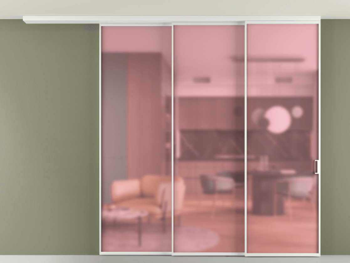 Перегородка Формато вдоль стены на потолок 3 створки с синхронным механизмом АЛПР 040.01 Алюминий белоснежный Сатинированное розовое стекло, триплекс Цена 20400 Br | Volhovec