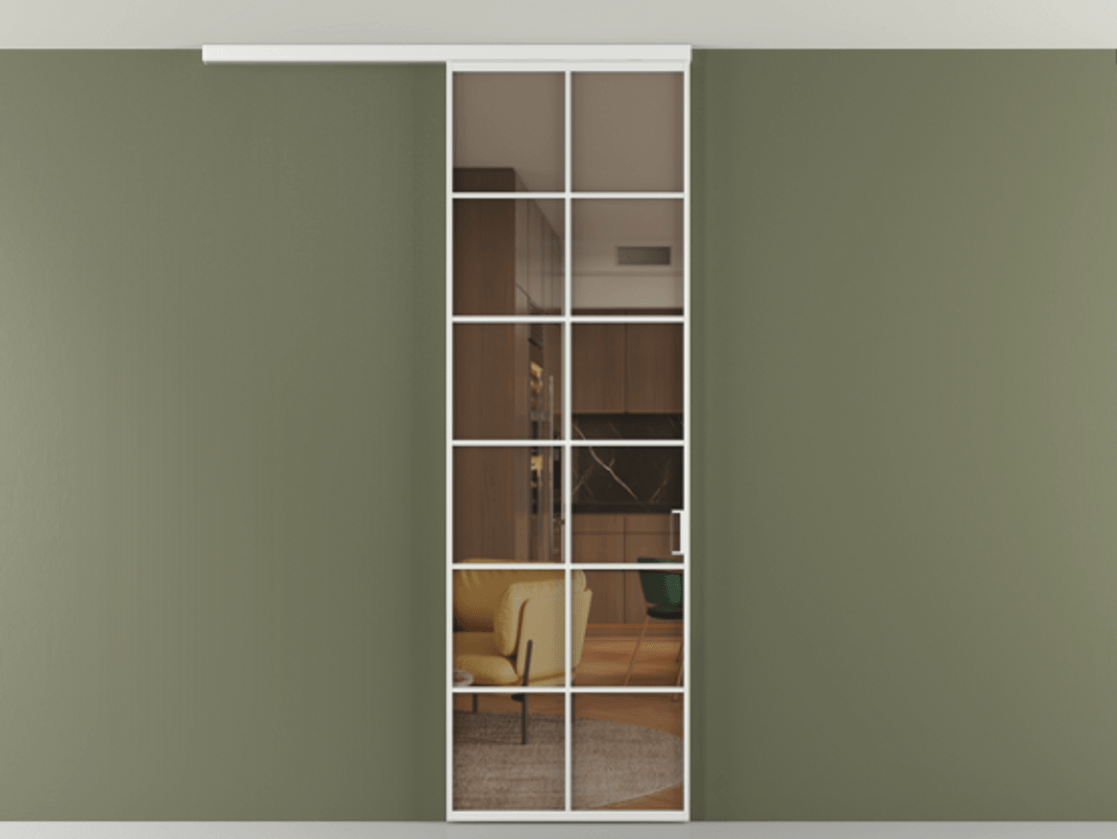 Перегородка Формато вдоль стены на потолок 1 створка АЛПР 040.05 Алюминий белоснежный Прозрачное бронзовое стекло, триплекс Цена 5520 Br | Volhovec