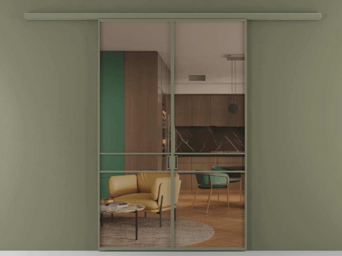 Перегородка Формато вдоль стены 2 створки АЛПР 040.02 Алюминий оливковый тёмный Прозрачное бронзовое стекло, триплекс Цена 10450 Br | Volhovec