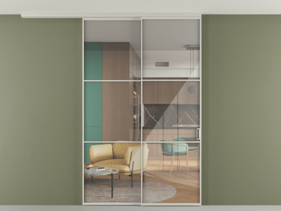 Перегородка Формато вдоль стены на потолок 2 створки с синхронным механизмом АЛПР 040.03 Алюминий тёплый серый Рефлективное прозрачное стекло "Стопсол", калёное Цена 17480 Br | Volhovec