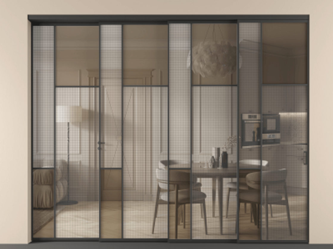 Перегородка Mosaic внутри проёма телескопик синхро 3 АЛПР 041.11 Алюминий Черный Mesh silver + Бронза прозрачное триплекс Цена 29530 Br | Volhovec
