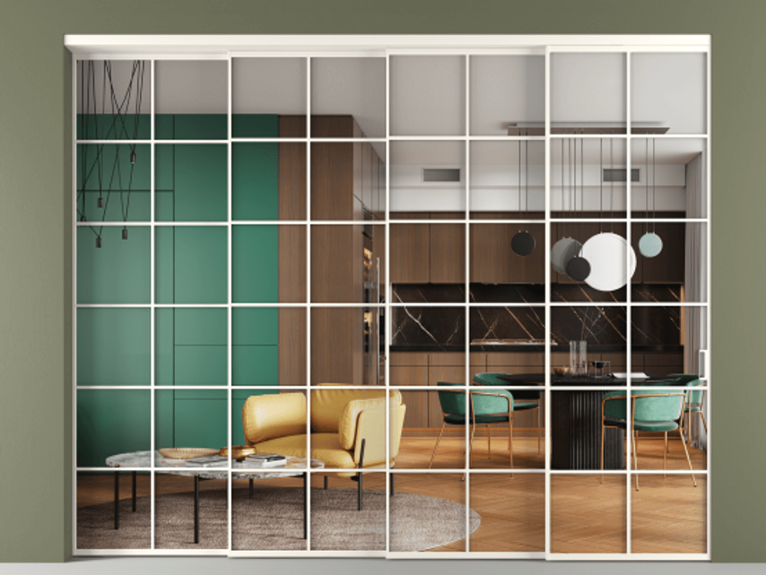 Перегородка Формато внутри проёма 4 створки с синхронным механизмом АЛПР 040.05 Алюминий пудровый белый Прозрачное стекло "Кристал Вижн", калёное. Цена 31390 Br 1. Полотно 4 шт. (800/2100 мм)
2. Комплект установки раздвижной системы
3. Базовый комплект фурнитуры
4. Комплект фурнитуры телескопик синхро-3
5. Ручка RONDO
. Фабрика дверей Волховец 8 (800) 551 43 19 Перегородка Формато внутри проёма 4 створки с синхронным механизмом АЛПР 040.05 Алюминий пудровый белый Прозрачное стекло "Кристал Вижн", калёное Цена 31390 Br | Volhovec