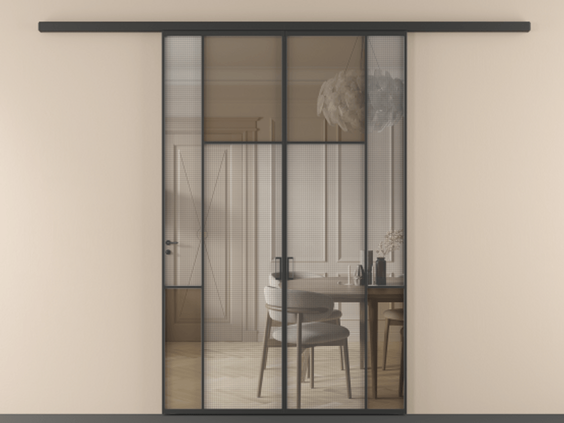 Перегородка Mosaic вдоль стены двустворчатая АЛПР 041.10 Алюминий Черный Mesh silver + Бронза прозрачное триплекс Цена 13450 Br | Volhovec