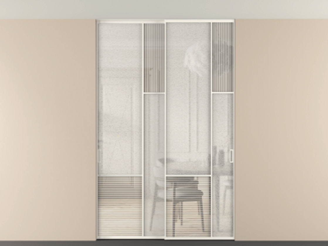 Перегородка Мозаик внутри проёма скрытое крепление в потолок 2 створки АЛПР 041.12 Алюминий пудровый белый Рифлёное стекло "Дюна", триплекс, 6 мм + Фактурное стекло "Лёд", триплекс Цена 18210 Br | Volhovec