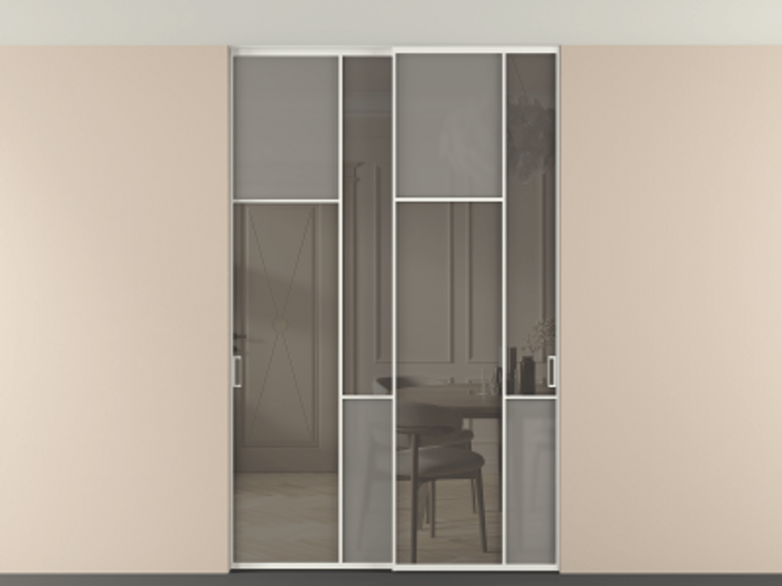 Перегородка Мозаик внутри проёма скрытое крепление в потолок 2 створки АЛПР 041.10 Алюминий светло-серый Сатинированное серое стекло, триплекс, 6 мм + Прозрачное серое стекло, триплекс Цена 17350 Br | Volhovec