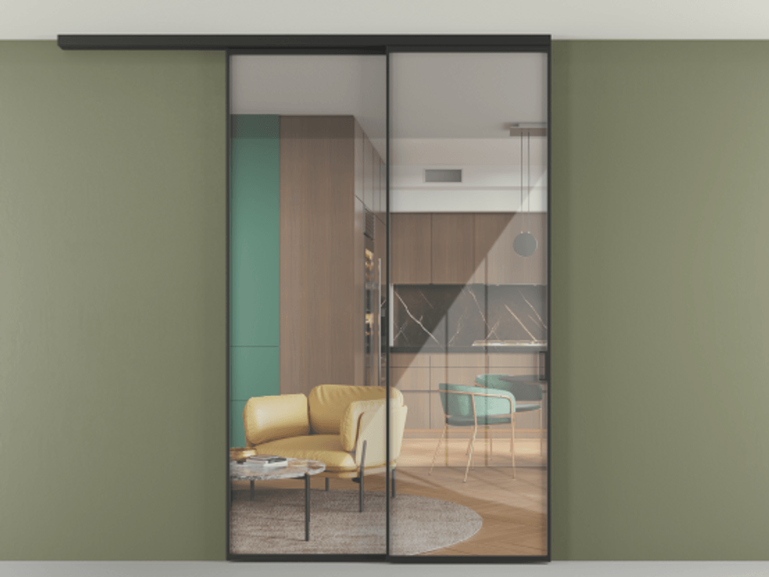 Перегородка Формато вдоль стены на потолок 2 створки с синхронным механизмом АЛПР 040.01 Алюминий Черный Рефлективное прозрачное стекло "Стопсол", калёное Цена 16080 Br | Volhovec