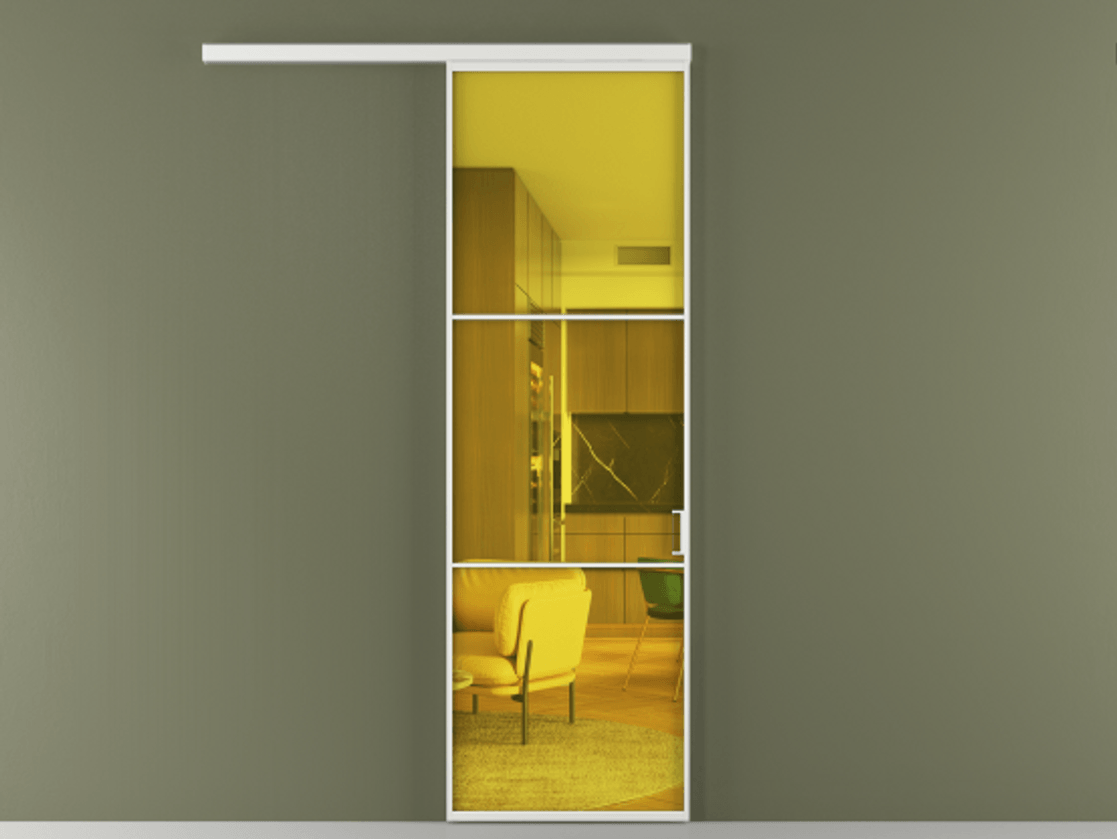 Перегородка Формато вдоль стены 1 створка АЛПР 040.03 Алюминий белоснежный Прозрачное жёлтое стекло, триплекс Цена 5700 Br  | Volhovec