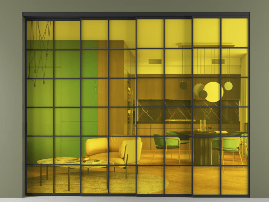 Перегородка Formato внутри проёма 4 створки с синхронным механизмом АЛПР 040.05 Алюминий Черный Прозрачное жёлтое стекло, триплекс. Скрытый короб ЧЕР Цена 24900 Br 1. Полотно 4 шт. (800/2100 мм)
2. Комплект установки раздвижной системы
3. Базовый комплект фурнитуры
4. Комплект фурнитуры телескопик синхро-3
5. Ручка RONDO
. Фабрика дверей Волховец 8 (800) 551 43 19 Перегородка Formato внутри проёма 4 створки с синхронным механизмом АЛПР 040.05 Алюминий Черный Прозрачное жёлтое стекло, триплекс Цена 24900 Br | Volhovec