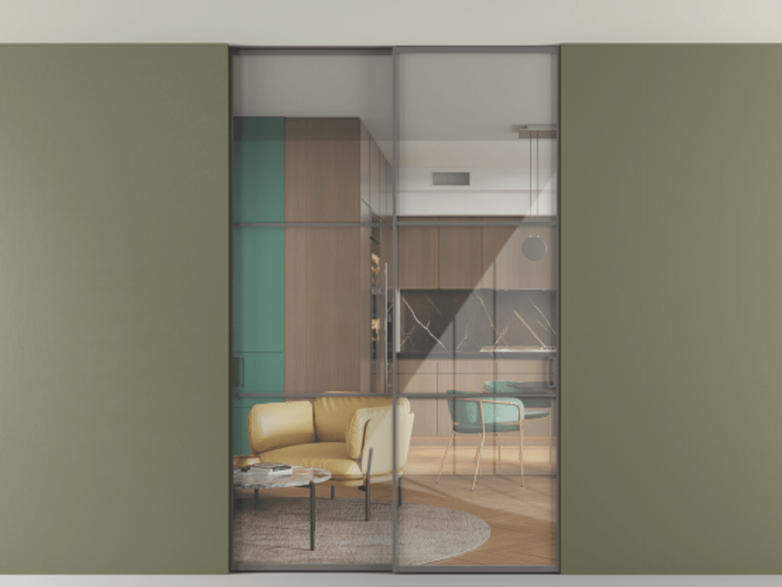 Перегородка Формато внутри проёма скрытое крепление в потолок 2 створки АЛПР 040.03 Алюминий классический серый Рефлективное прозрачное стекло "Стопсол", калёное Цена 16340 Br | Volhovec