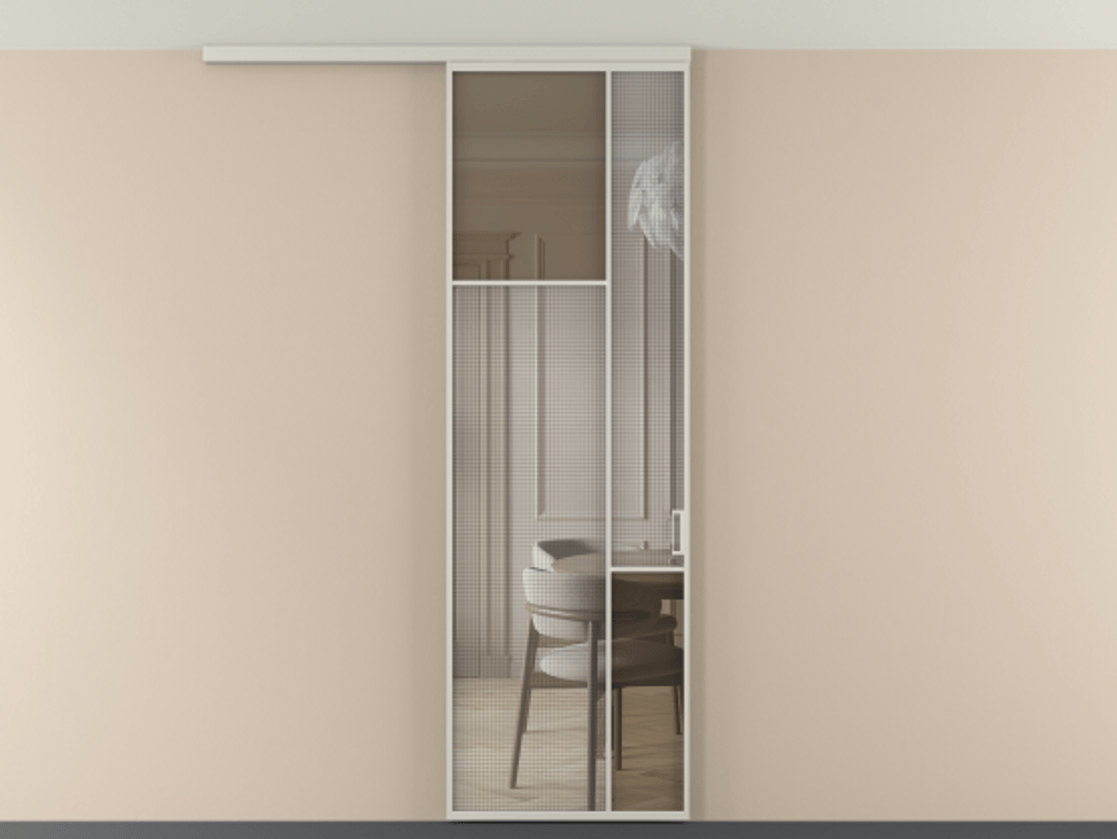 Перегородка Mosaic вдоль стены на потолок 1 створка АЛПР 041.10 Алюминий тёплый серый Декоративное стекло с сеткой "Mesh silver", триплекс, 6 мм + Прозрачное бронзовое стекло, триплекс Цена 7541 Br | Volhovec