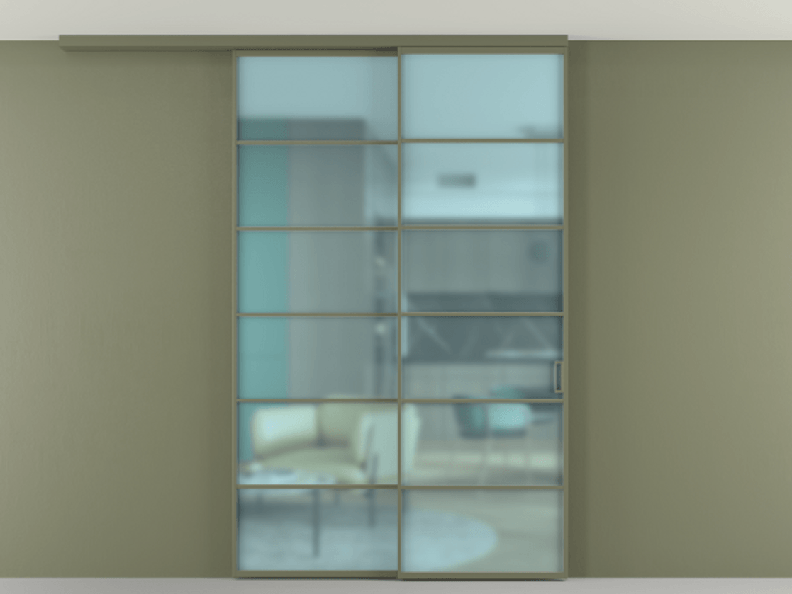 Перегородка Formato вдоль стены на потолок 2 створки с синхронным механизмом АЛПР 040.04 Алюминий оливковый тёмный Сатинированное голубое стекло, триплекс Цена 15600 Br | Volhovec