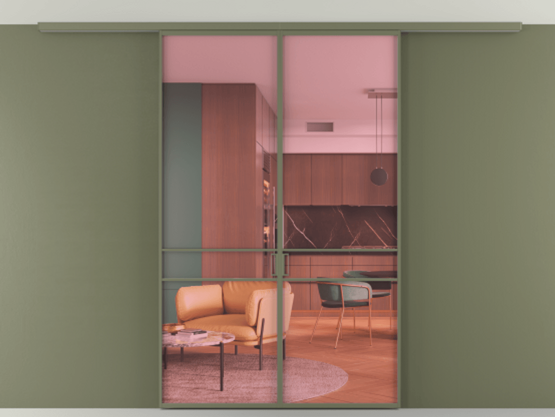 Перегородка Formato вдоль стены на потолок 2 створки АЛПР 040.02 Алюминий оливковый тёмный Прозрачное розовое стекло, триплекс Цена 10400 Br | Volhovec