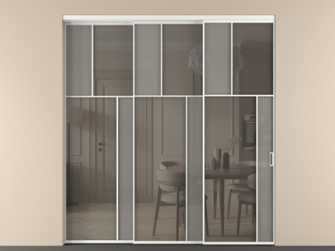 Перегородка Мозаик внутри проёма 3 створки с синхронным механизмом АЛПР 041.23 Алюминий белоснежный Сатинированное серое стекло, триплекс, 6 мм + Прозрачное серое стекло, триплекс Цена 23390 Br | Volhovec