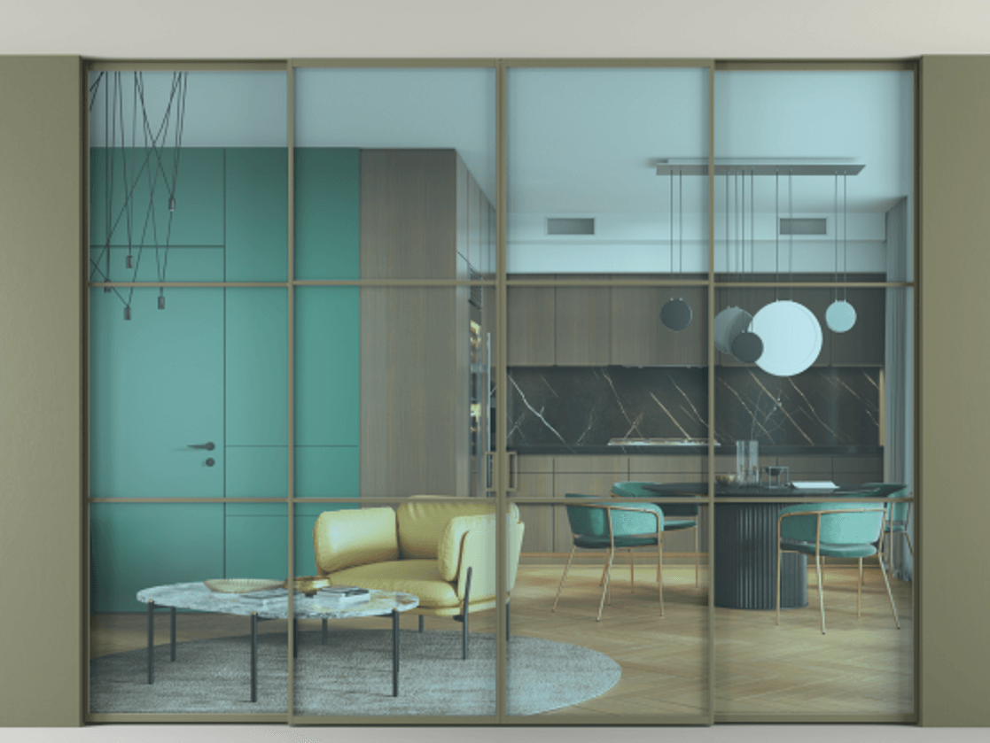 Перегородка Формато внутри проёма скрытое крепление в потолок 4 створки АЛПР 040.03 Алюминий оливковый тёмный Прозрачное голубое стекло, триплекс Цена 24400 Br | Volhovec