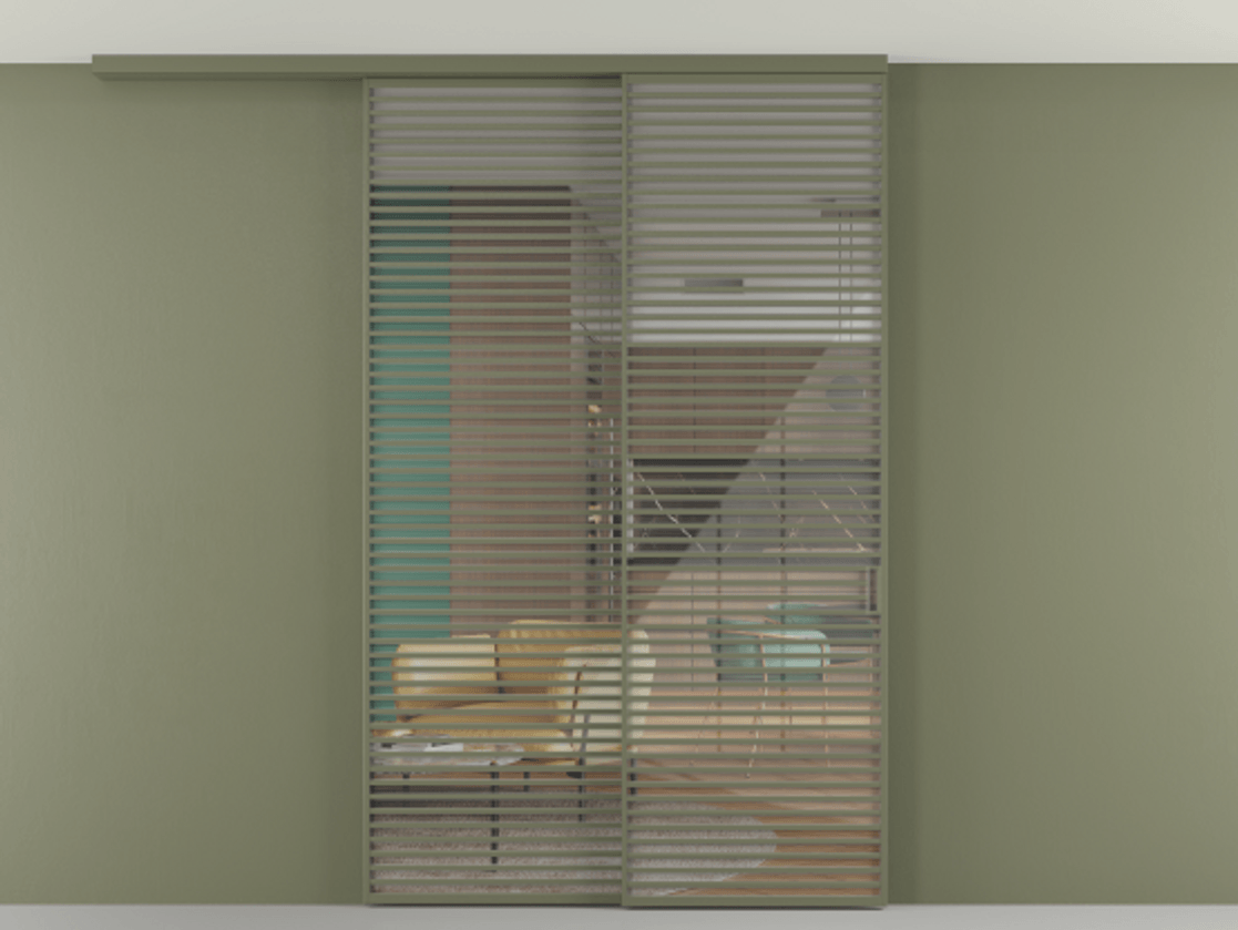 Перегородка Формато вдоль стены на потолок 2 створки с синхронным механизмом АЛПР 040.07 Алюминий оливковый тёмный Рефлективное прозрачное стекло "Стопсол", калёное Цена 29010 Br | Volhovec