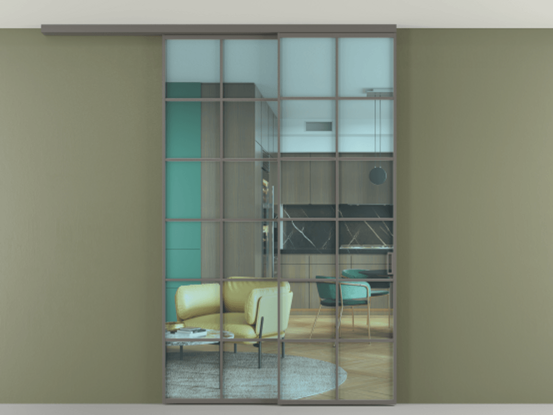 Перегородка Formato вдоль стены на потолок 2 створки с синхронным механизмом АЛПР 040.05 Алюминий классический серый Прозрачное голубое стекло, триплекс Цена 15600 Br | Volhovec