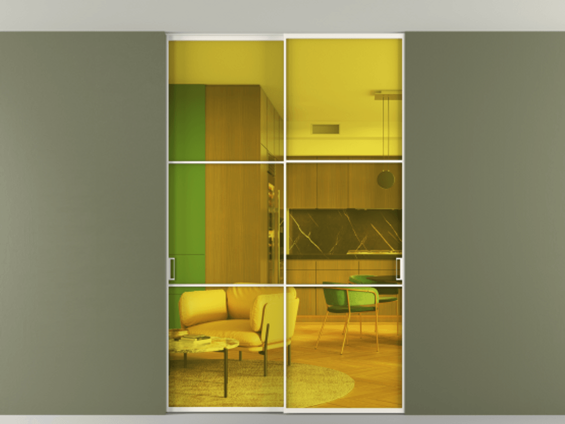 Перегородка Формато внутри проёма скрытое крепление в потолок 2 створки АЛПР 040.03 Алюминий пудровый белый Прозрачное жёлтое стекло, триплекс Цена 13300 Br | Volhovec