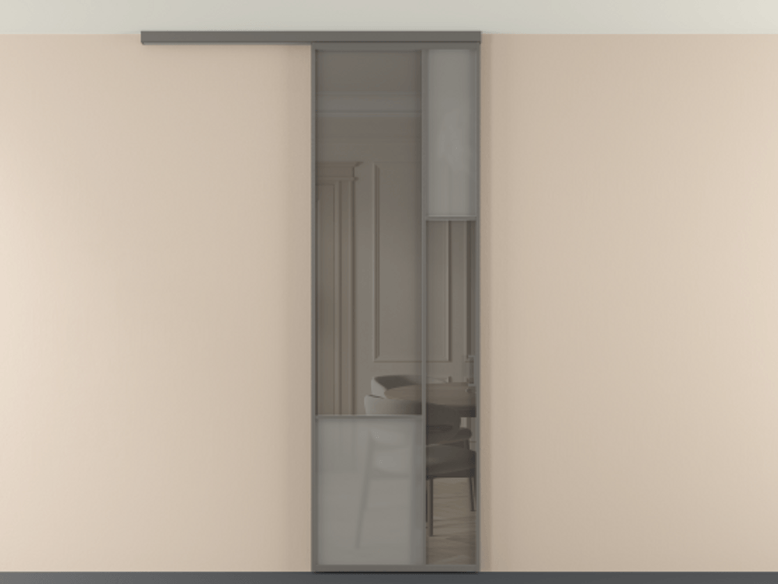 Перегородка Мозаик вдоль стены на потолок 1 створка АЛПР 041.12 Алюминий классический серый Сатинированное серое стекло, триплекс, 6 мм + Прозрачное серое стекло, триплекс Цена 7220 Br | Volhovec