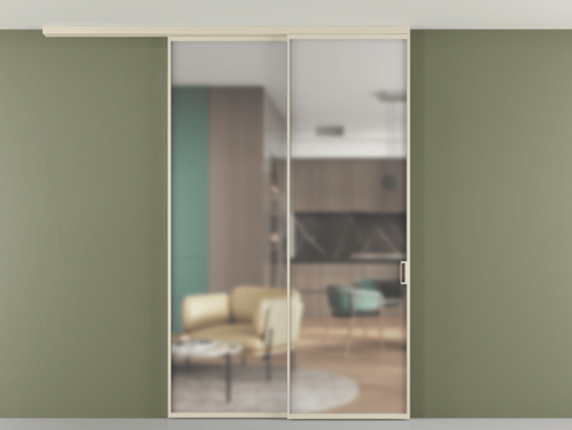 Перегородка Formato вдоль стены на потолок 2 створки с синхронным механизмом АЛПР 040.01 Алюминий бежево-серый Сатинированное стекло "Matelux Crystal Vision", калёное, матовое, каленое 6 мм Цена 16850 Br | Volhovec