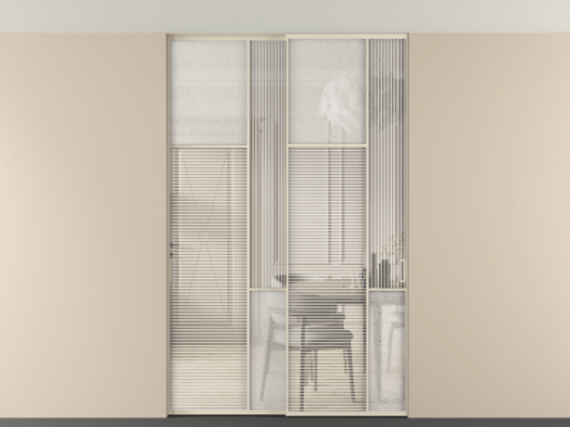Перегородка Mosaic внутри проёма скрытое крепление в потолок 2 створки АЛПР 041.10 Алюминий бежево-серый Рифлёное стекло "Дюна", триплекс, 6 мм + Фактурное стекло "Лёд", триплекс. Цена 18210 Br . Фабрика дверей Волховец 8 (800) 551 43 19 Перегородка Mosaic внутри проёма скрытое крепление в потолок 2 створки АЛПР 041.10 Алюминий бежево-серый Рифлёное стекло "Дюна", триплекс, 6 мм + Фактурное стекло "Лёд", триплекс Цена 18210 Br | Volhovec