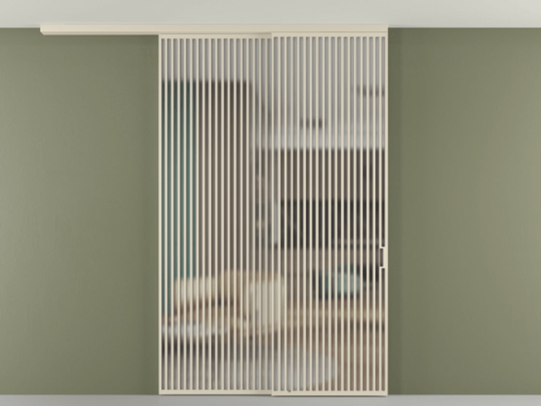 Перегородка Формато вдоль стены на потолок 2 створки с синхронным механизмом АЛПР 040.06 Алюминий бежево-серый Сатинированное стекло "Мателюкс Кристал Вижн", калёное, матовое, каленое 6 мм Цена 29010 Br | Volhovec