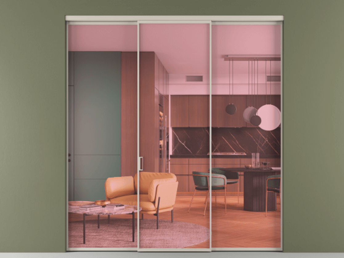 Перегородка Formato внутри проёма 3 створки АЛПР 040.01 Алюминий светло-бежевый Прозрачное розовое стекло, триплекс Цена 12600 Br | Volhovec