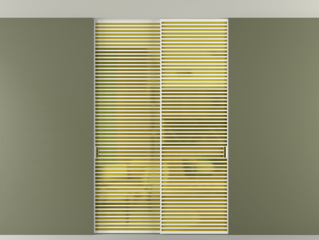 Перегородка Формато внутри проёма скрытое крепление в потолок 2 створки АЛПР 040.07 Алюминий светло-серый Сатинированное жёлтое стекло, триплекс Цена 21900 Br | Volhovec