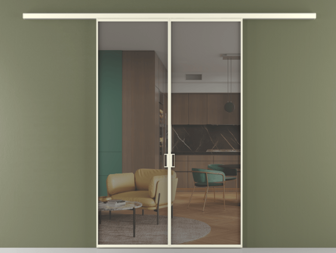 Перегородка Формато вдоль стены 2 створки АЛПР 040.01 Алюминий молочно-белый Прозрачное серое стекло, триплекс Цена 10020 Br | Volhovec