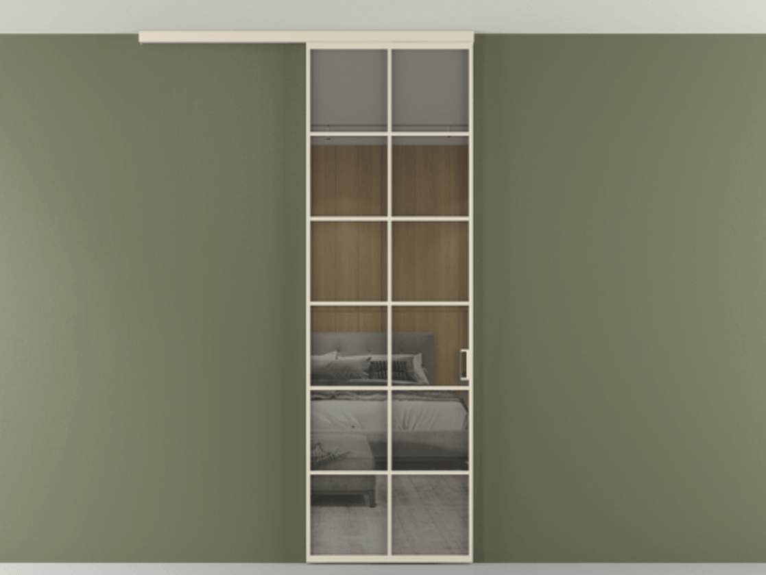 Перегородка Formato вдоль стены на потолок 1 створка АЛПР 040.05 Алюминий бежево-серый Рефлективное серое стекло "Stopsol", калёное Цена 7170 Br | Volhovec