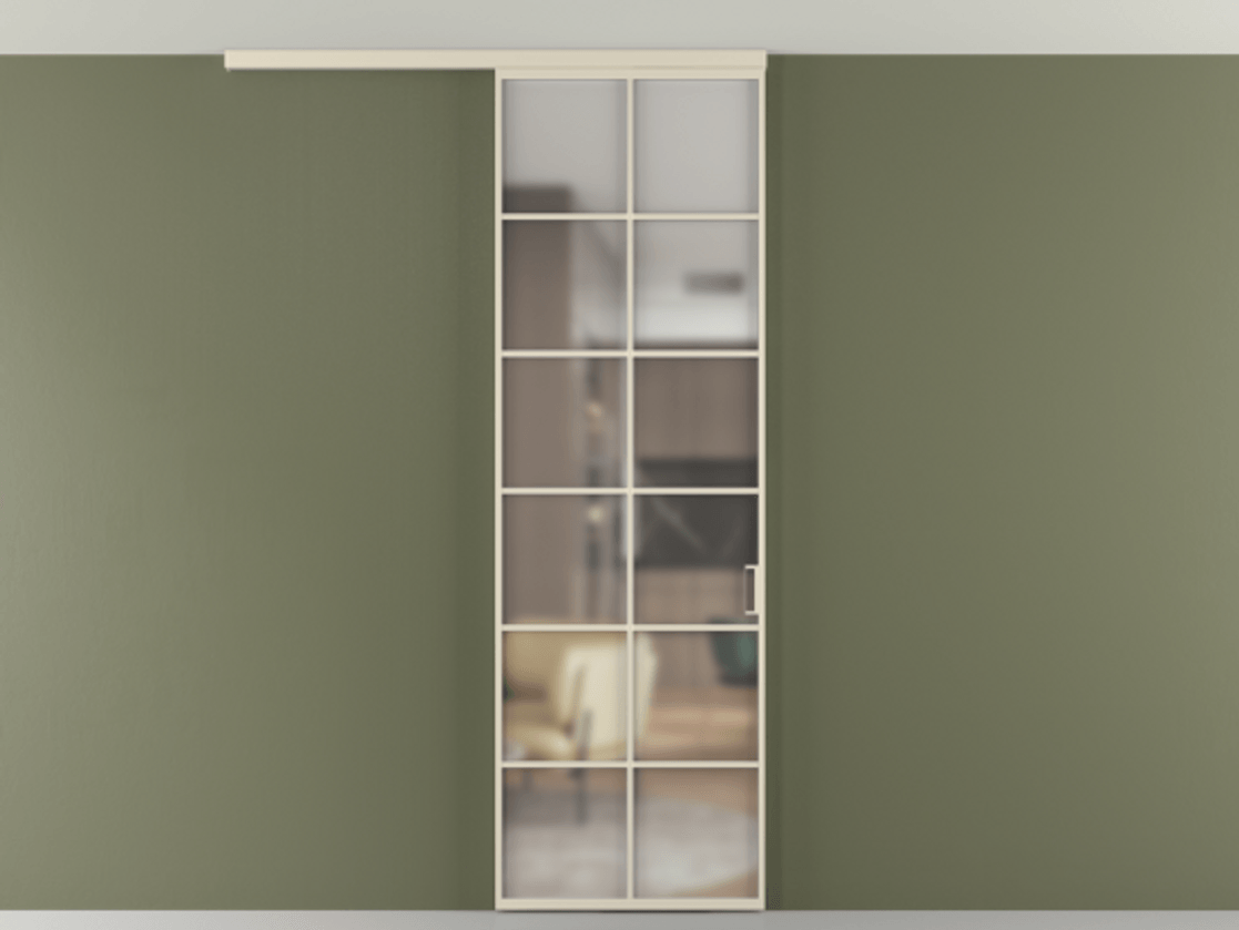 Перегородка Formato вдоль стены на потолок 1 створка АЛПР 040.05 Алюминий бежево-серый Сатинированное стекло "Matelux Crystal Vision", калёное, матовое, каленое 6 мм Цена 7170 Br | Volhovec