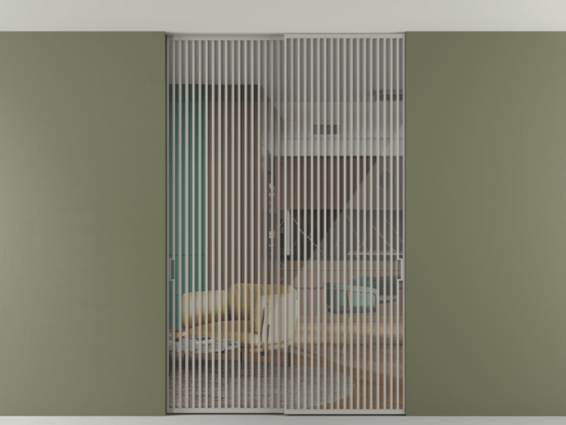 Перегородка Формато внутри проёма скрытое крепление в потолок 2 створки АЛПР 040.06 Алюминий нейтральный серый Рефлективное прозрачное стекло "Стопсол", калёное Цена 27860 Br | Volhovec