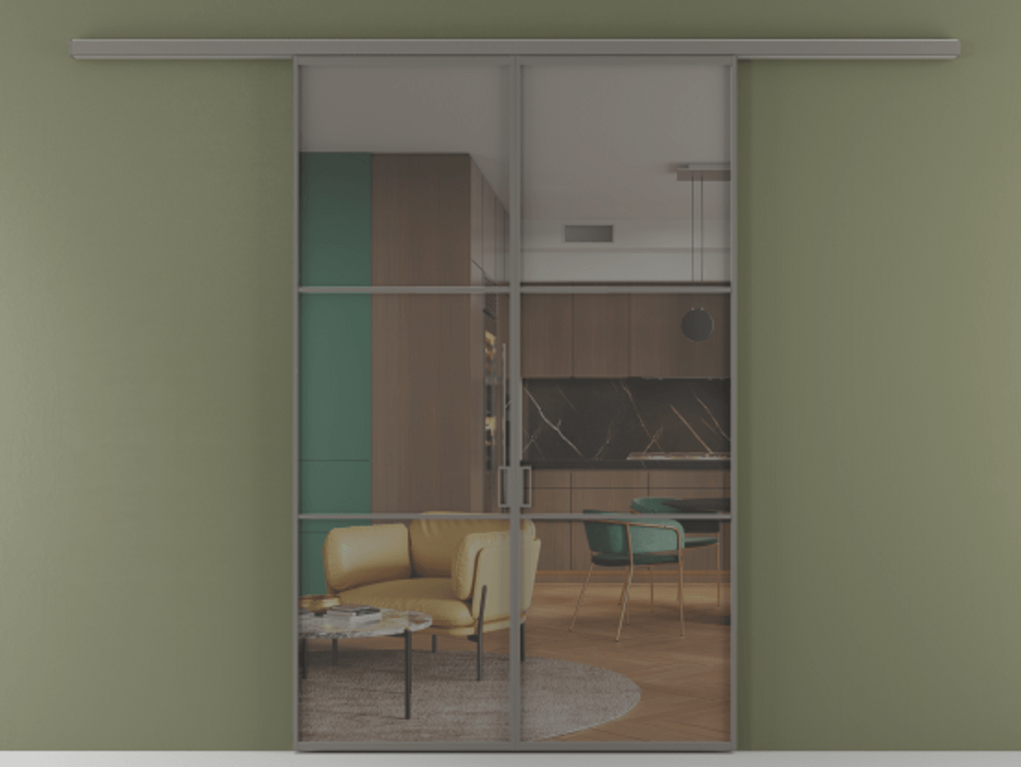 Перегородка Формато вдоль стены 2 створки АЛПР 040.03 Алюминий классический серый Прозрачное серое стекло, триплекс Цена 10450 Br | Volhovec