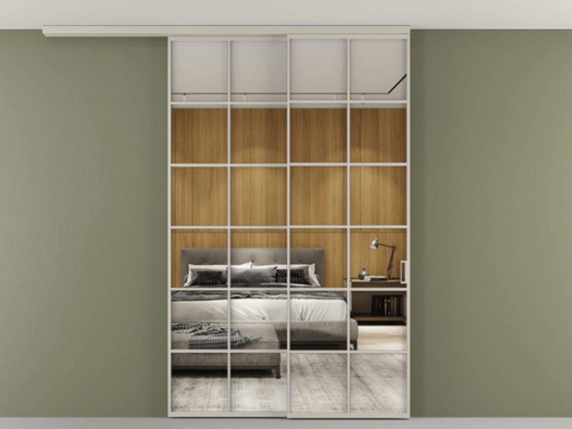 Перегородка Формато вдоль стены на потолок 2 створки с синхронным механизмом АЛПР 040.05 Алюминий светло-бежевый Двустороннее зеркало, триплекс , триплекс 6 мм Цена 15110 Br | Volhovec