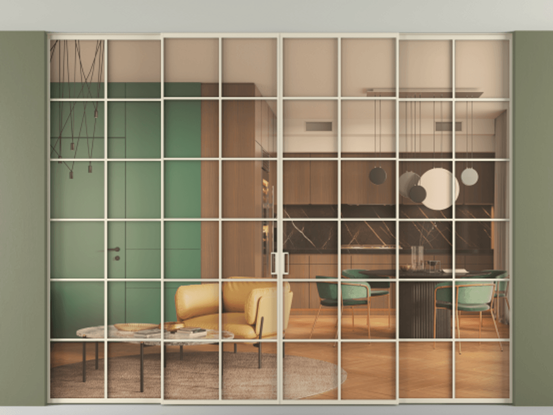 Перегородка Formato внутри проёма скрытое крепление в потолок 4 створки АЛПР 040.05 Алюминий бежево-серый Прозрачное оранжевое стекло, триплекс Цена 25900 Br | Volhovec