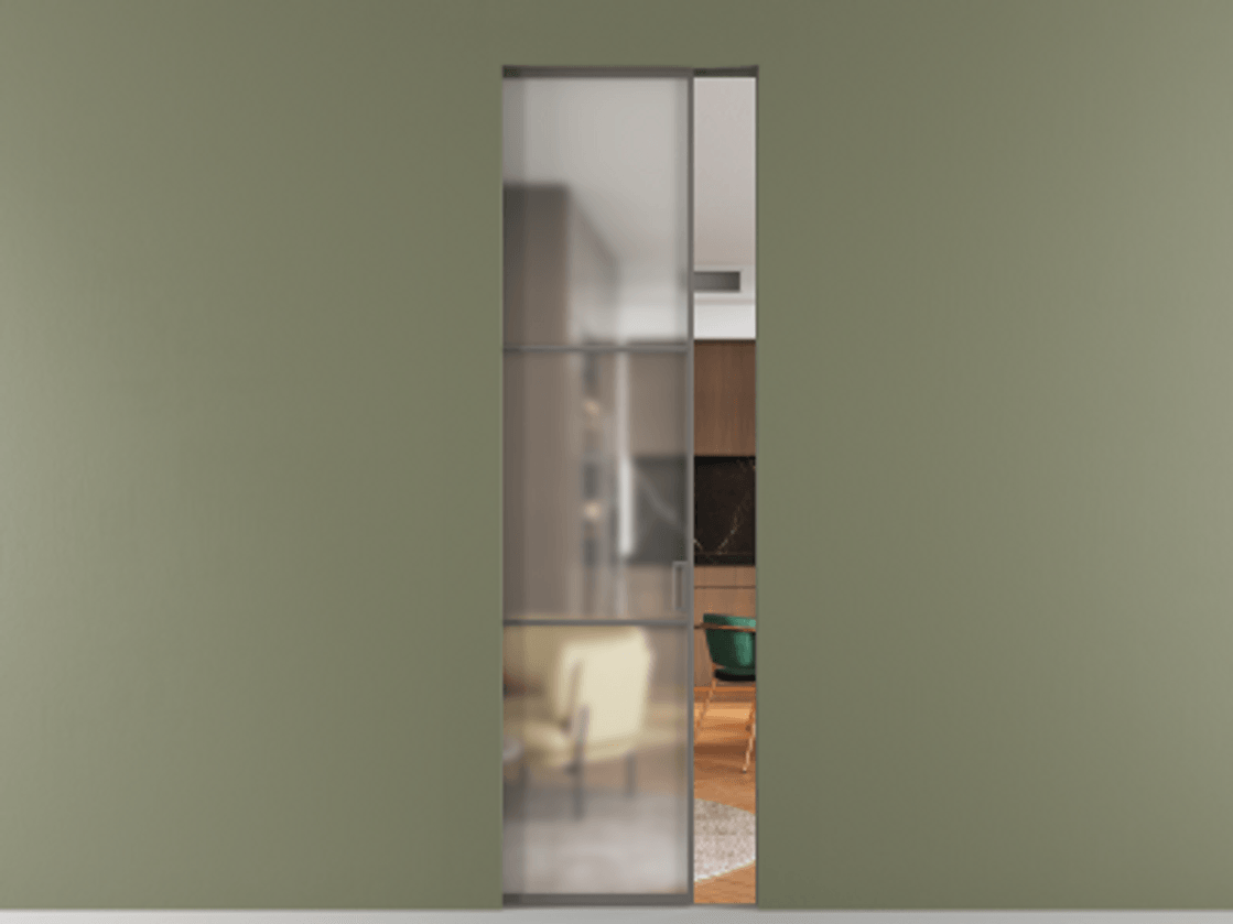 Перегородка Formato скрытый пенал 1 створка АЛПР 040.03 Алюминий классический серый Сатинированное стекло "Matelux Crystal Vision", калёное, матовое, каленое 6 мм Цена 9540 Br | Volhovec