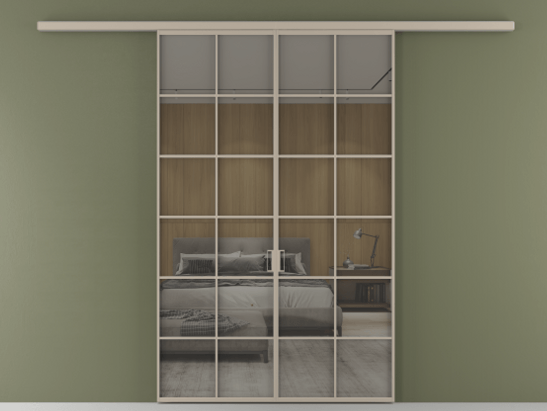 Перегородка Формато вдоль стены 2 створки АЛПР 040.05 Алюминий бисквитный Рефлективное серое стекло "Стопсол", калёное Цена 14150 Br | Volhovec