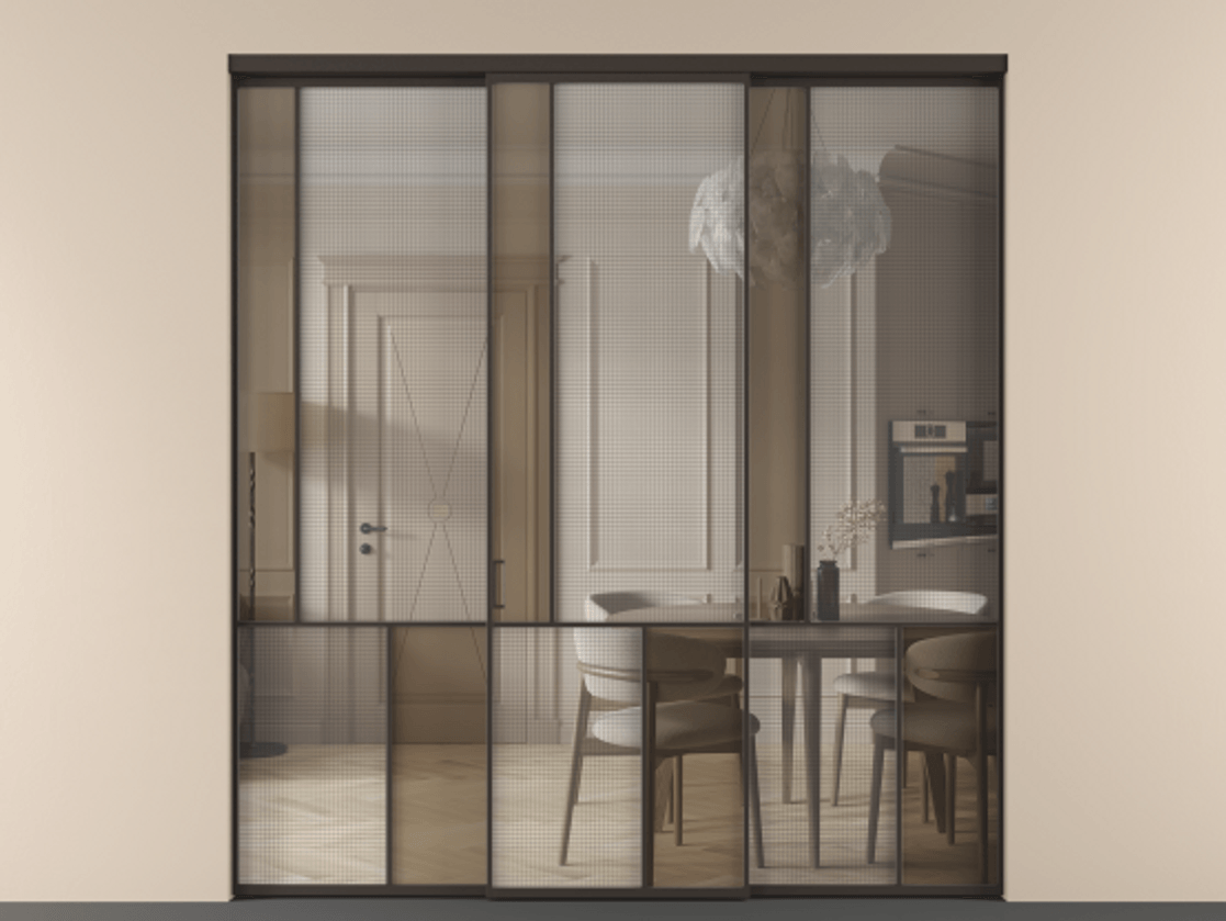 Перегородка Mosaic внутри проёма 3 створки АЛПР 041.20 Алюминий антрацит Декоративное стекло с сеткой "Mesh silver", триплекс, 6 мм + Прозрачное бронзовое стекло, триплекс. Цена 19220 Br . Фабрика дверей Волховец 8 (800) 551 43 19 Перегородка Mosaic внутри проёма 3 створки АЛПР 041.20 Алюминий антрацит Декоративное стекло с сеткой "Mesh silver", триплекс, 6 мм + Прозрачное бронзовое стекло, триплекс Цена 19220 Br | Volhovec