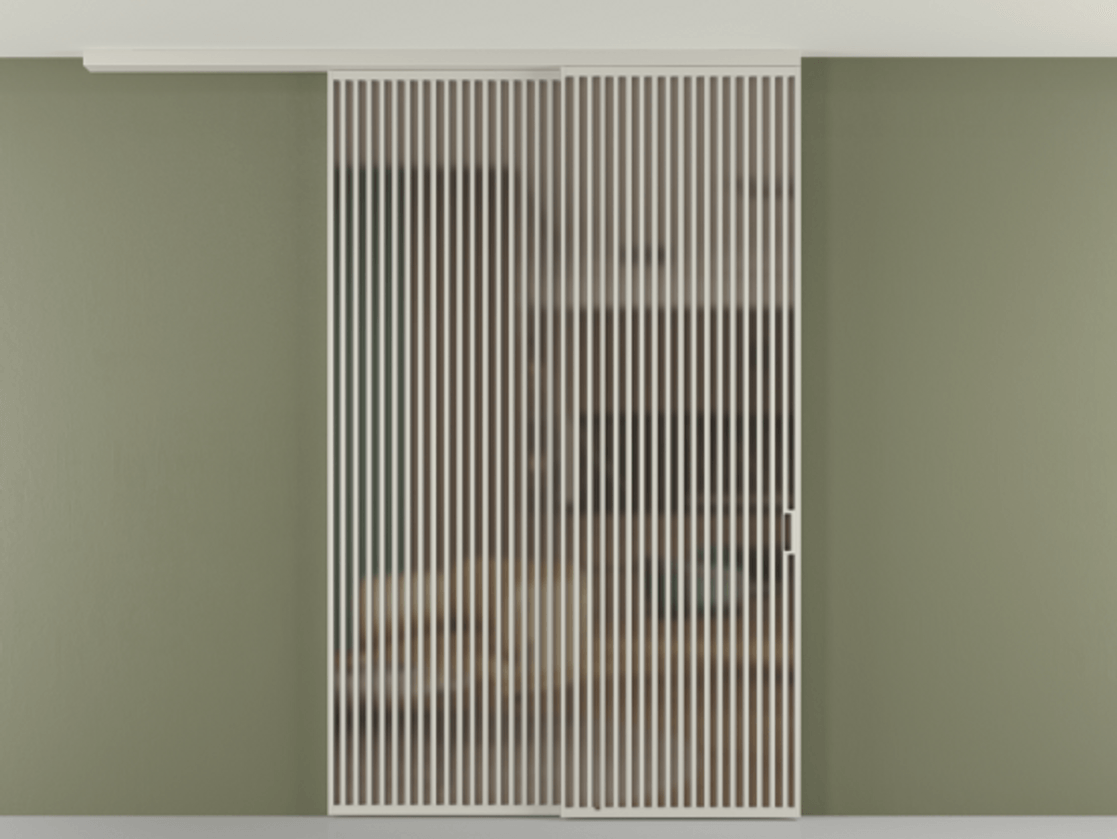 Перегородка Формато вдоль стены на потолок 2 створки с синхронным механизмом АЛПР 040.06 Алюминий тёплый серый Сатинированное бронзовое стекло, триплекс Цена 28160 Br | Volhovec